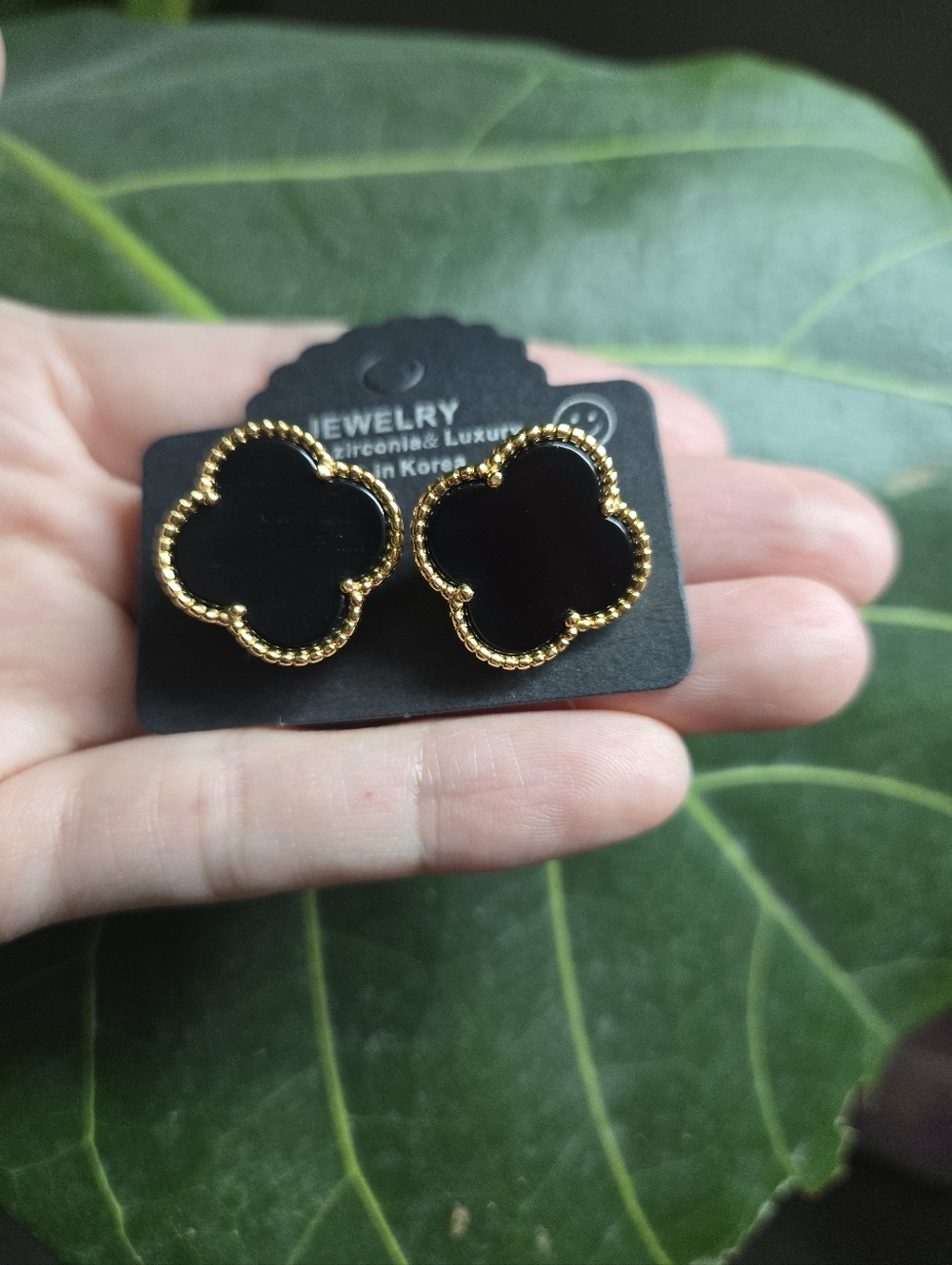 Black Clover Clip On Earrings Gold Tone